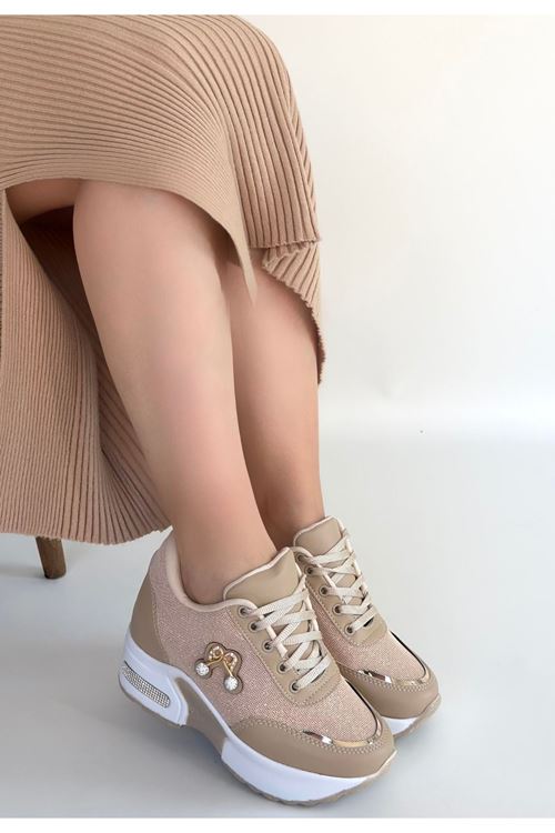 Wody Bej Cilt Simli Bağcıklı Spor Ayakkabı