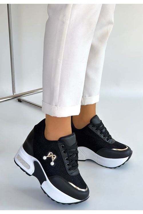 Wody Siyah Cilt Simli Bağcıklı Spor Ayakkabı