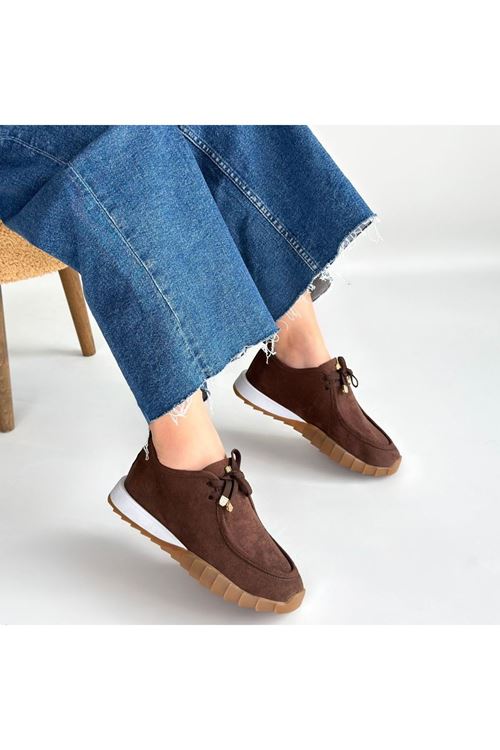 Sier Kahverengi Süet Bağcıklı Spor Ayakkabı