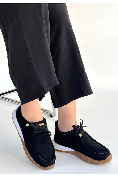 Sier Siyah Süet Bağcıklı Spor Ayakkabı