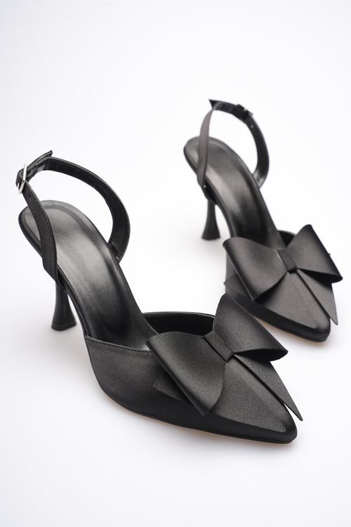 Kadın Siyah Fiyonklu Saten Slingback Topuklu Ayakkabı EATR40MS01A