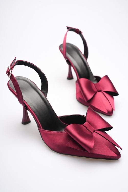 Kadın Bordo Fiyonklu Saten Slingback Topuklu Ayakkabı EATR40MS01D