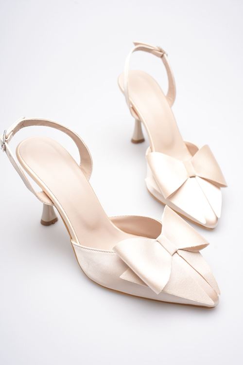 Kadın Bej Fiyonklu Saten Slingback Topuklu Ayakkabı EATR40MS01B