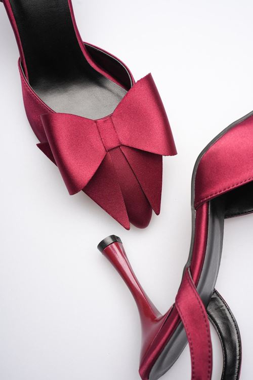 Kadın Bordo Fiyonklu Saten Slingback Topuklu Ayakkabı EATR40MS01D