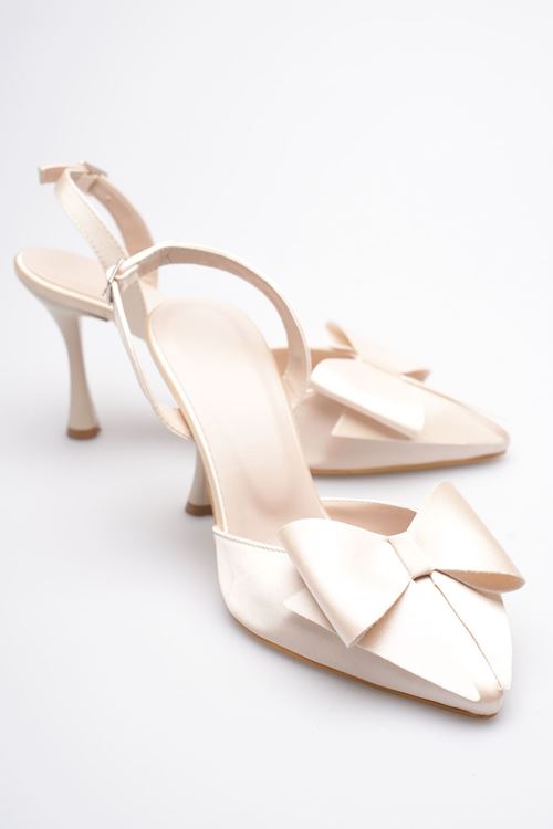Kadın Bej Fiyonklu Saten Slingback Topuklu Ayakkabı EATR40MS01B