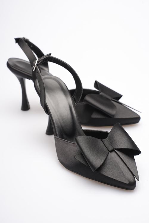 Kadın Siyah Fiyonklu Saten Slingback Topuklu Ayakkabı EATR40MS01A