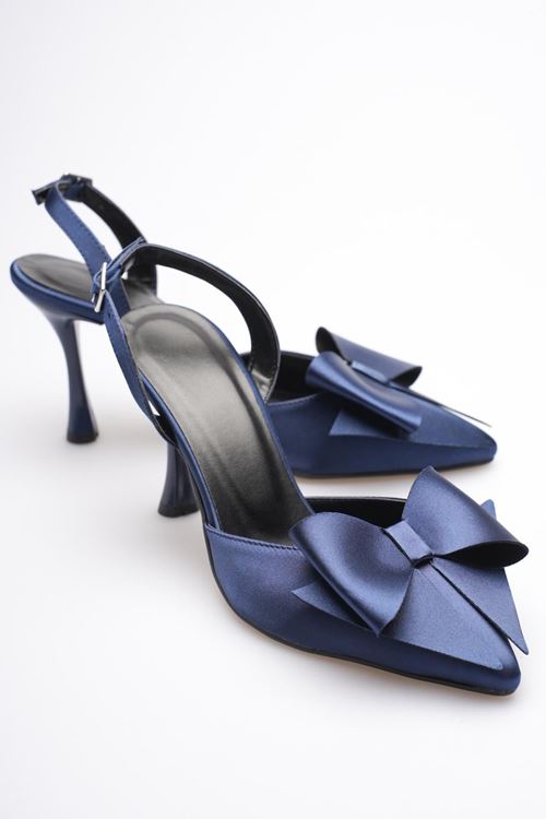 Kadın Lacivert Fiyonklu Saten Slingback Topuklu Ayakkabı EATR40MS01E