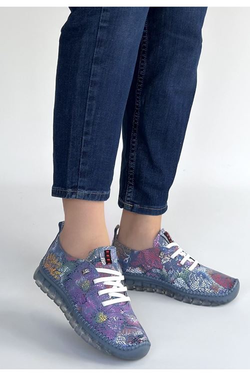 Kinte Mor Desenli Deri Bağcıklı Spor Ayakkabı