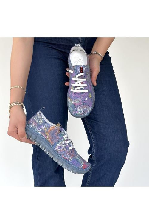 Kinte Mor Desenli Deri Bağcıklı Spor Ayakkabı