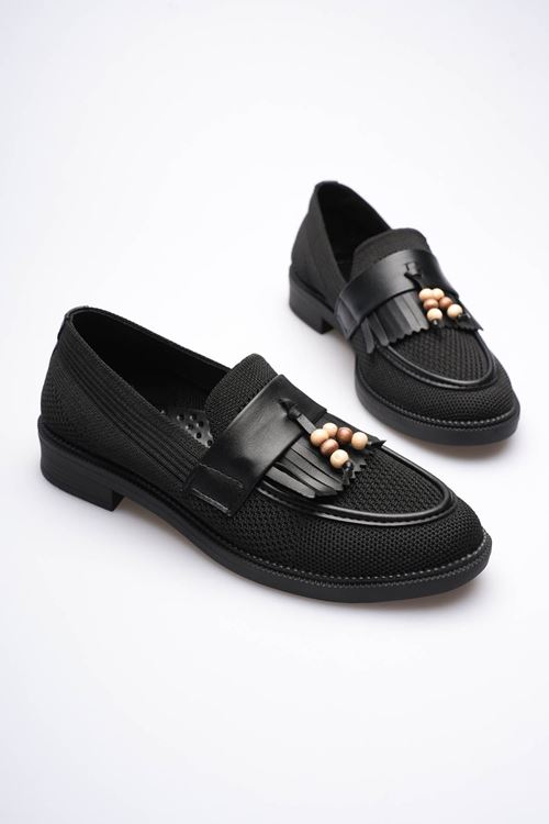 Kadın Siyah Boncuk Püsküllü Günlük Kısa Topuklu Ayakkabı EATR30MS01A