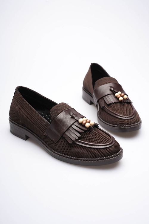 Kadın Acı Kahve Boncuk Püsküllü Günlük Kısa Topuklu Ayakkabı EATR30MS01C