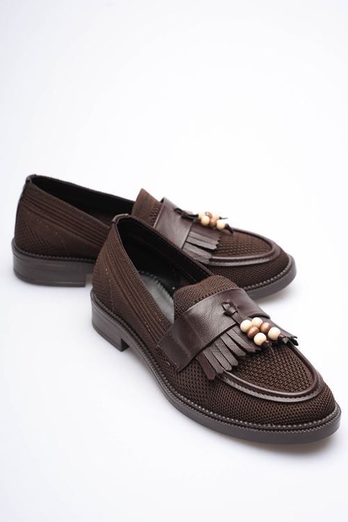 Kadın Acı Kahve Boncuk Püsküllü Günlük Kısa Topuklu Ayakkabı EATR30MS01C