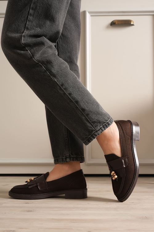 Kadın Acı Kahve Boncuk Püsküllü Günlük Kısa Topuklu Ayakkabı EATR30MS01C