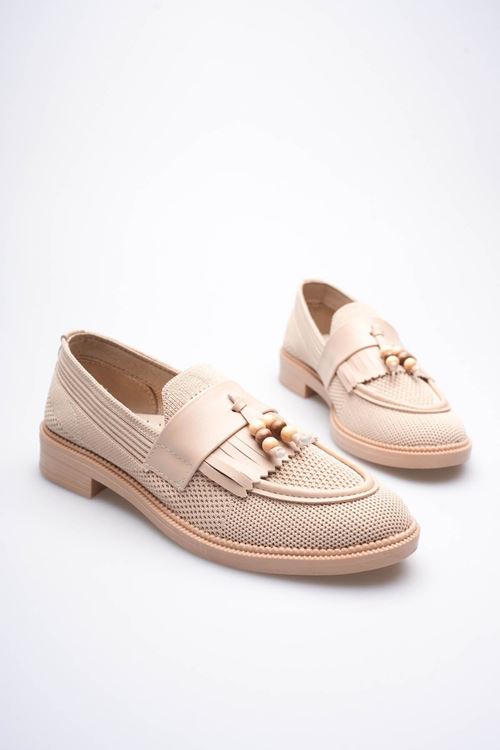 Kadın Bej Boncuk Püsküllü Günlük Kısa Topuklu Ayakkabı EATR30MS01B