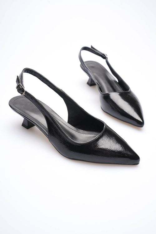 Kadın Siyah Kırışık Rugan Sivri Burun Slingback Kısa Topuklu Ayakkabı EATR20MS04C