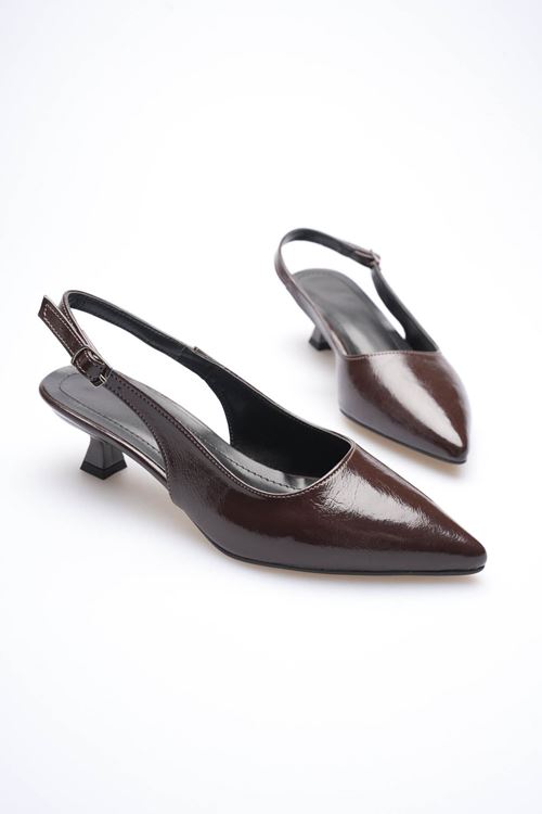 Kadın Acı Kahve Kırışık Rugan Sivri Burun Slingback Kısa Topuklu Ayakkabı EATR20MS04D