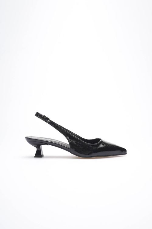 Kadın Siyah Kırışık Rugan Sivri Burun Slingback Kısa Topuklu Ayakkabı EATR20MS04C