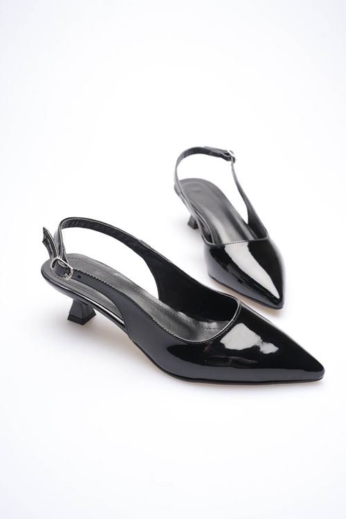 Kadın Siyah Rugan Sivri Burun Slingback Kısa Topuklu Ayakkabı EATR20MS04E