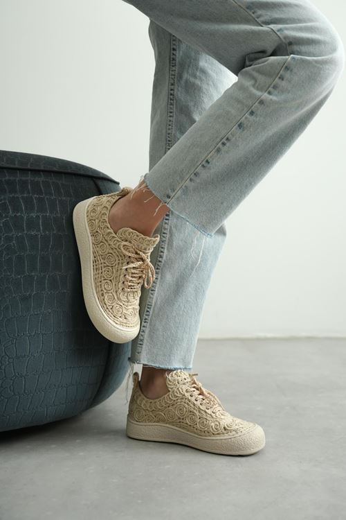 Kadın Bej Örgü Detaylı Günlük Sneaker Rahat ve Hafif Spor Ayakkabı EATR01MY01C
