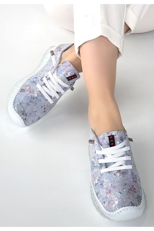 Kinte Lila Desenli Deri Bağcıklı Spor Ayakkabı