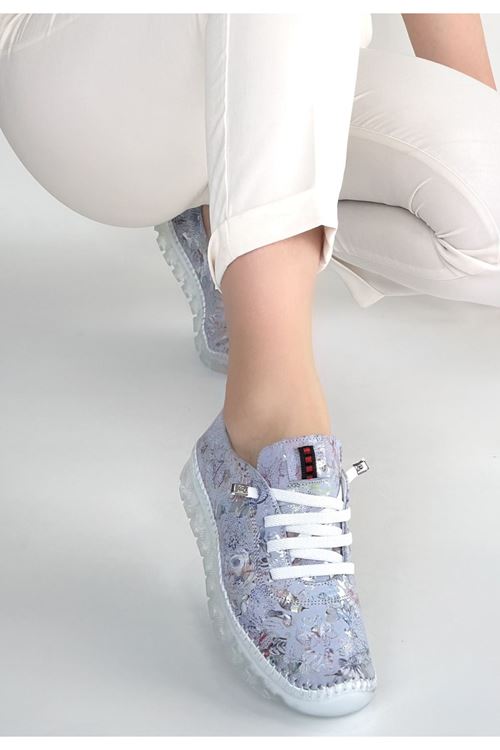 Kinte Lila Desenli Deri Bağcıklı Spor Ayakkabı