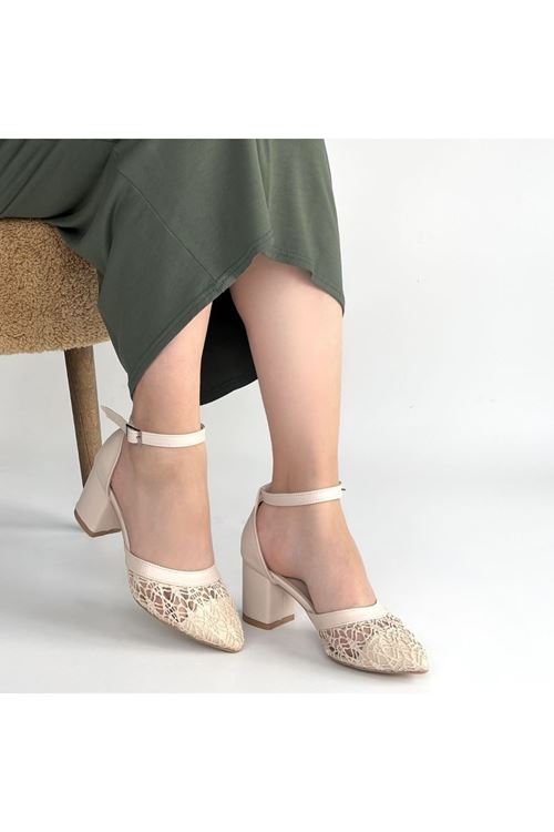 Dmop Bej Cilt Tül Detaylı Topuklu Ayakkabı
