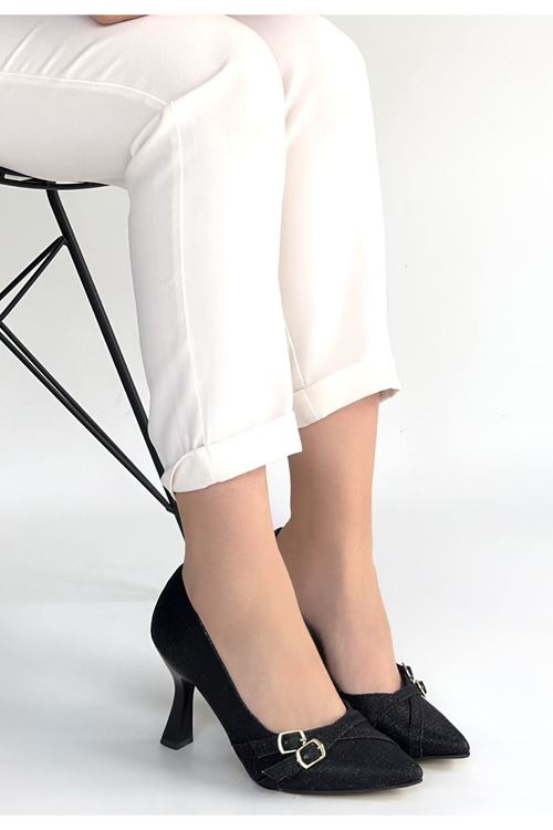 Wenda Siyah Simli Cilt Topuklu Ayakkabı