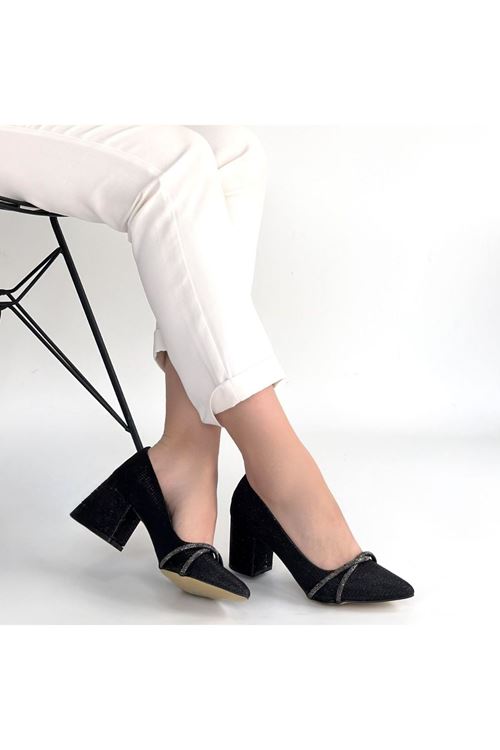 Rewin Siyah Simli Cilt Topuklu Ayakkabı