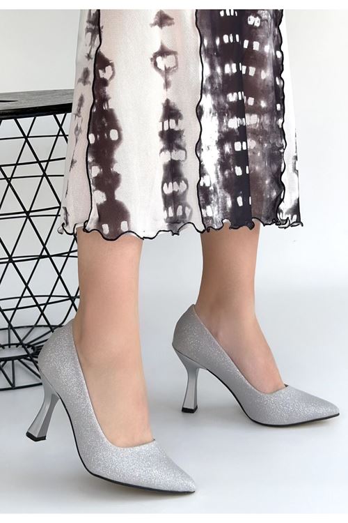 Meyli Gümüş Saten Simli Topuklu Ayakkabı