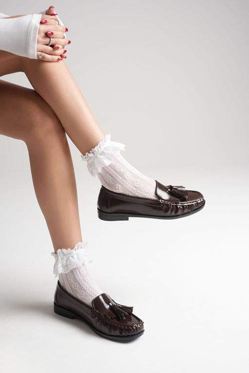 Acı Kahve Rugan Püsküllü Kadın Loafer Ayakkabı EATR88MS01B