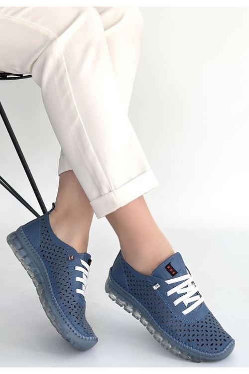 Otja Mavi Deri Lazerli Bağcıklı Spor Ayakkabı