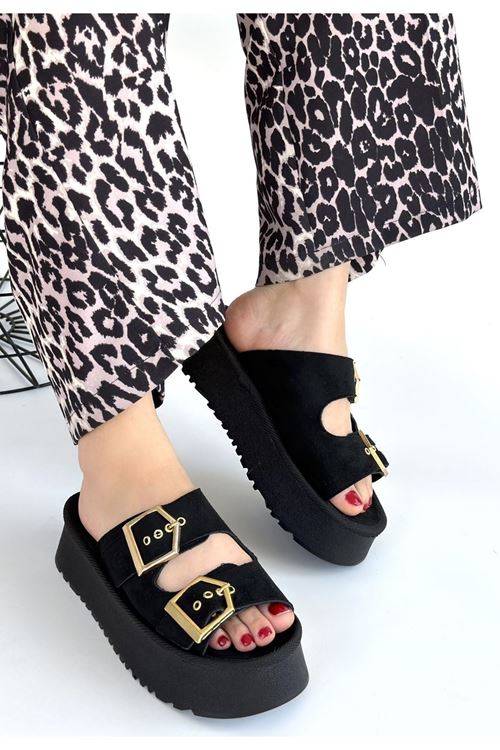 Coer Siyah Süet Çift Tokalı Terlik