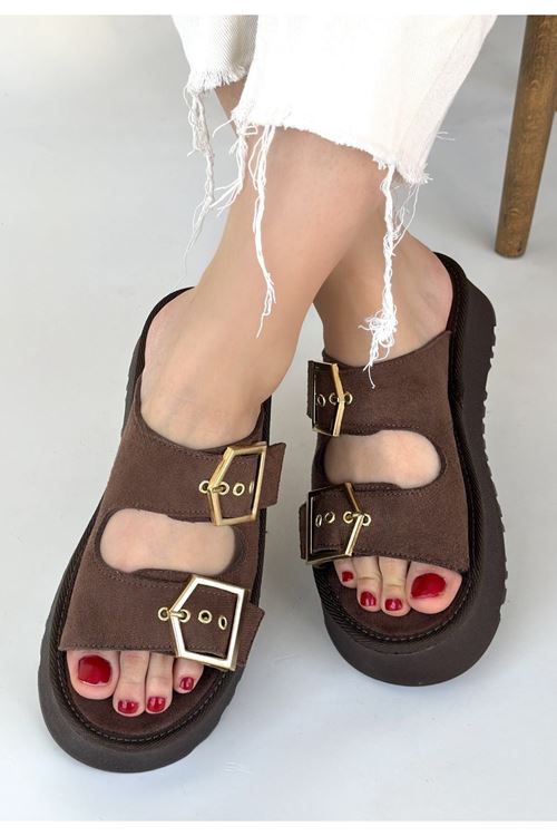 Coer Kahverengi Süet Çift Tokalı Terlik