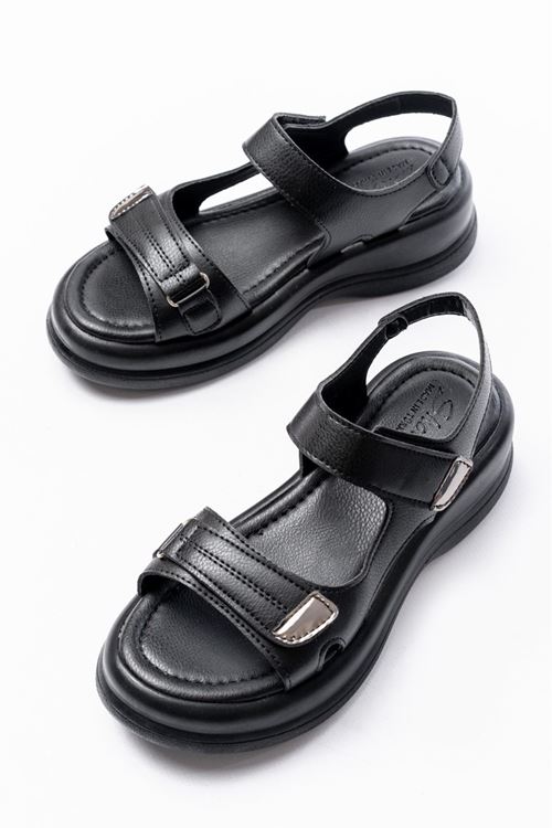 Ginya Siyah Cilt Cırt Cırtlı Sandalet