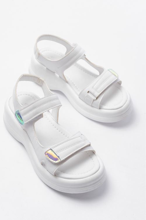 Ginya Beyaz Cilt Cırt Cırtlı Sandalet