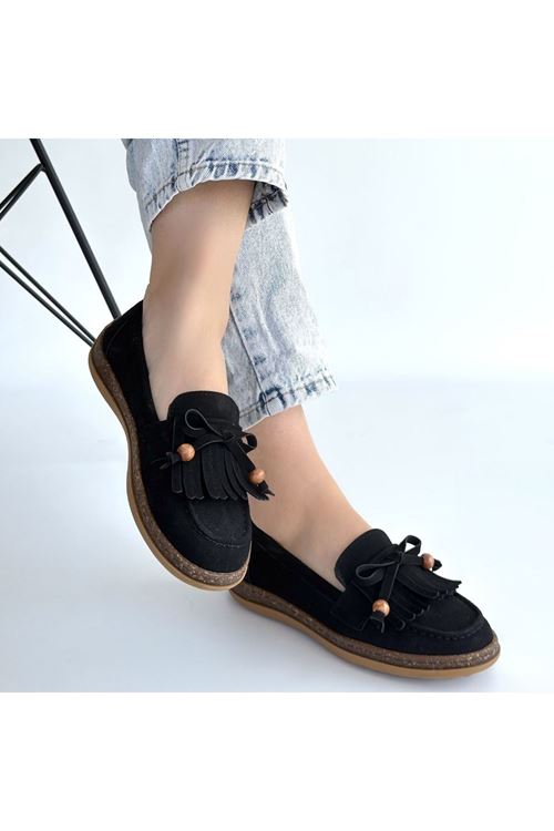 Boriy Siyah Deri Tozu Süet Babet Ayakkabı