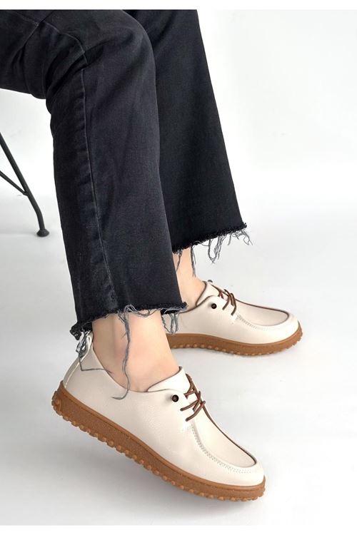 Guot Bej Cilt Bağcıklı Babet Ayakkabı