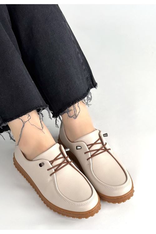 Guot Bej Cilt Bağcıklı Babet Ayakkabı