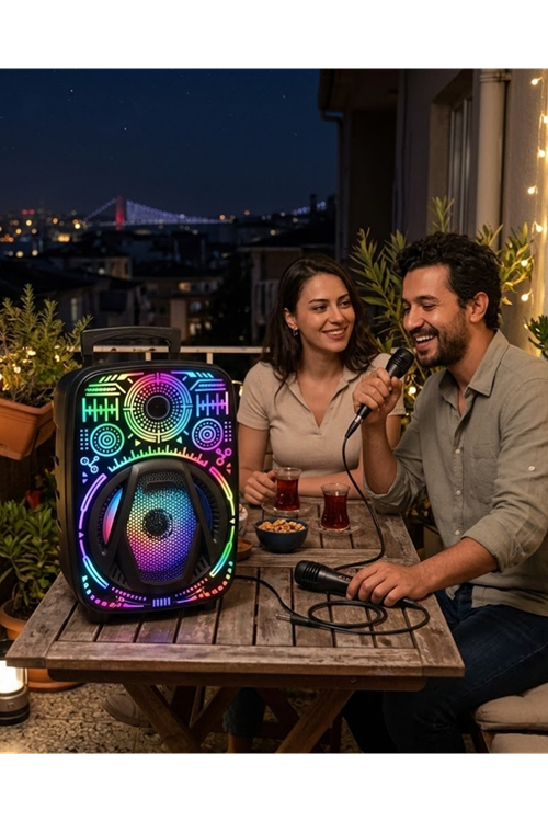 Taşınabilir Bluetooth Speaker Mikrofonlu RGB Işıklı Karaoke Ses Sistemi