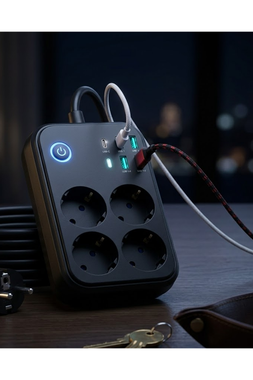 Akım Korumalı Uzatma Prizi 4 USB 2 Type C Dayanıklı ve Güvenli Tasarım