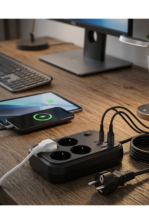 Çoklu Priz ve USB Şarj Ünitesi 4 Soket 2 Type C Güvenli Enerji Yönetimi