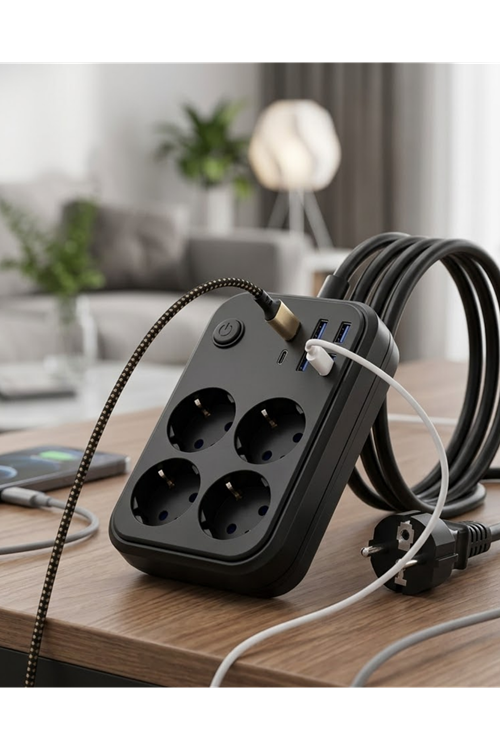 Akım Korumalı Çoklu Priz 4 USB 2 Type C 4 Priz Güvenli ve Hızlı Şarj