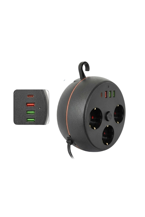 Çoklu Priz Akım Koruma 3 Soket 3 USB Type C Hızlı Şarj 2m Uzatma Kablosu