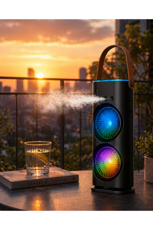 Şarjlı Buharlı Serinletici Fan RGB Işıklı Çift Pervaneli Masa Fanı
