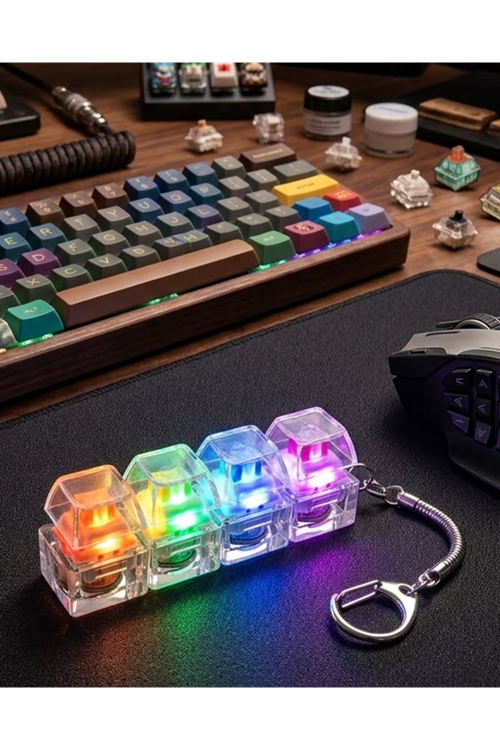 Işıklı Mekanik Tuş Anahtarlık Klik Sesli Stres Oyuncağı Fidget