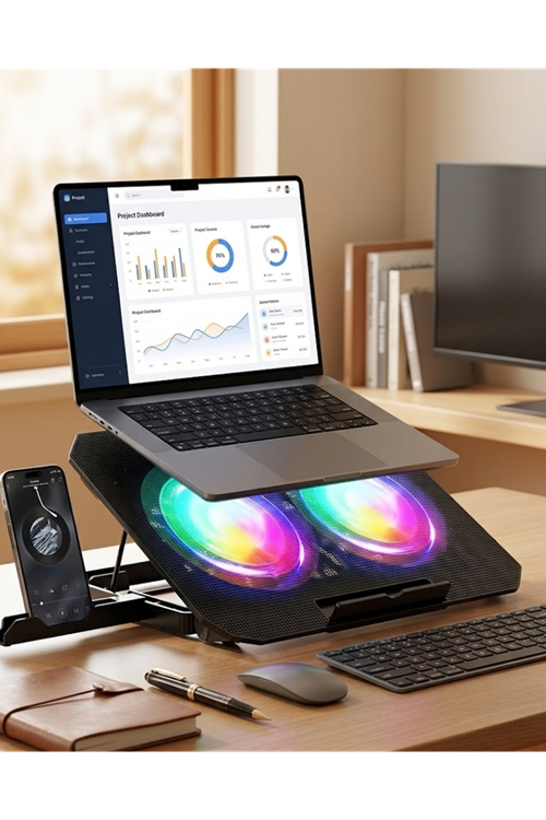 Çift Fanlı Laptop Soğutucu RGB Işıklı Sessiz Notebook Standı