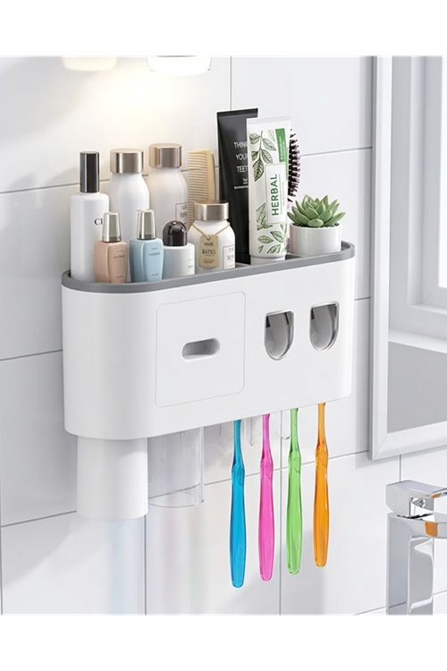 Banyo Organizer Diş Fırçası Tutucu Çift Dispenserli Raflı Çekmeceli