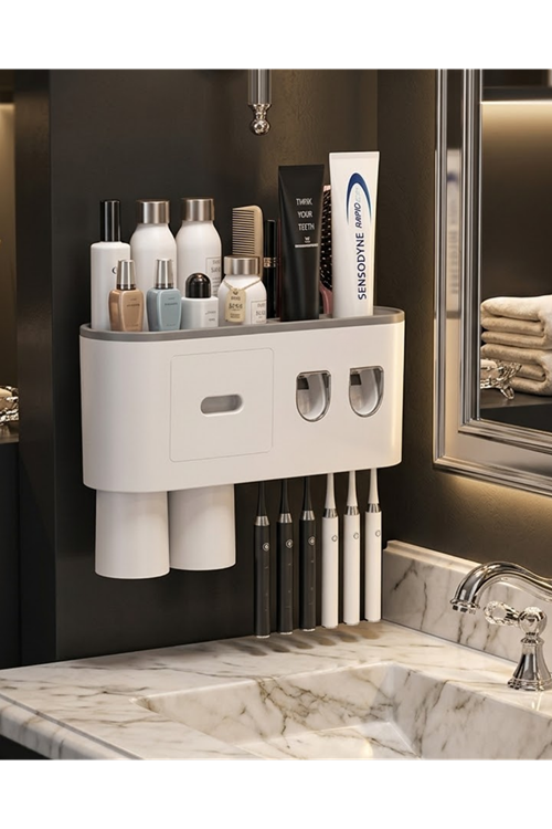 Çift Dispenserli Diş Macunu Sıkacağı 6 Fırçalık Bardaklı Banyo Organizer