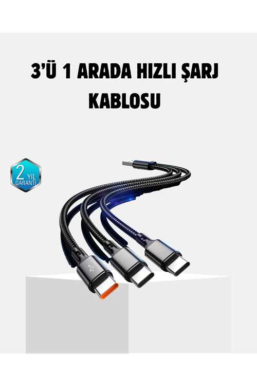 3 Başlıklı Hızlı Şarj Kablosu Metal Alaşımlı Dayanıklı ve Akıllı Çipli