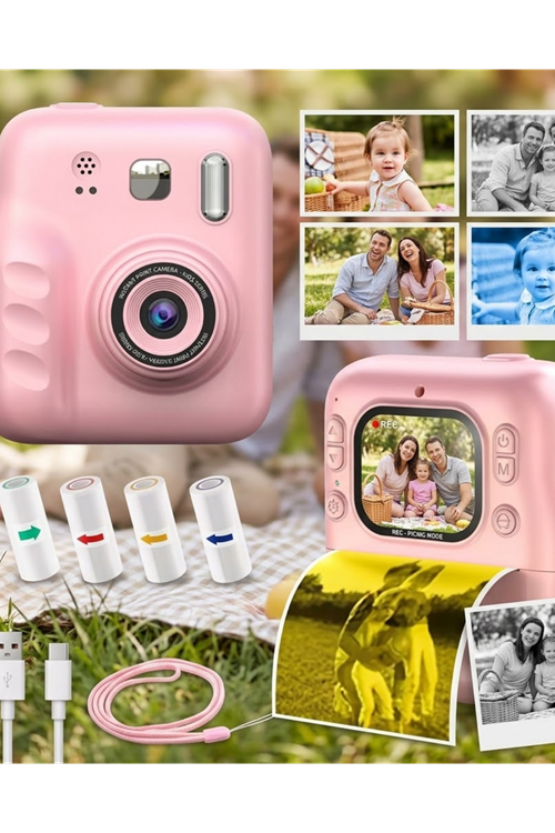 Çocuk Dijital Fotoğraf Makinesi Anında Baskı ve HD Video Kayıt Özellikli 5 kalem ve 4 rulo kağıt hediye